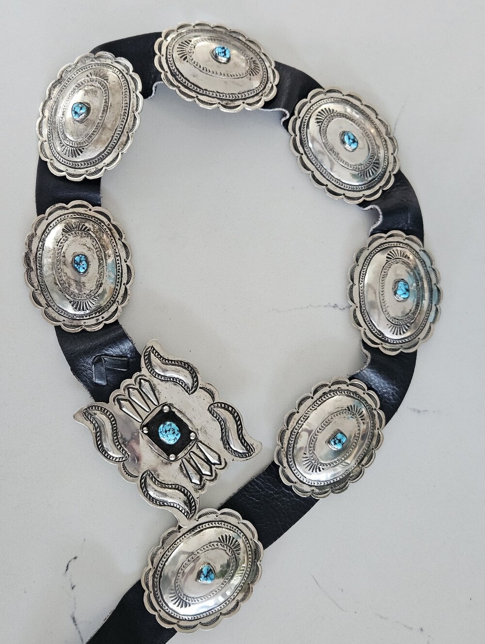 Vintage Navajo Kingman Turquoise Accent Sterling Silver Concho Leather Belt 41"